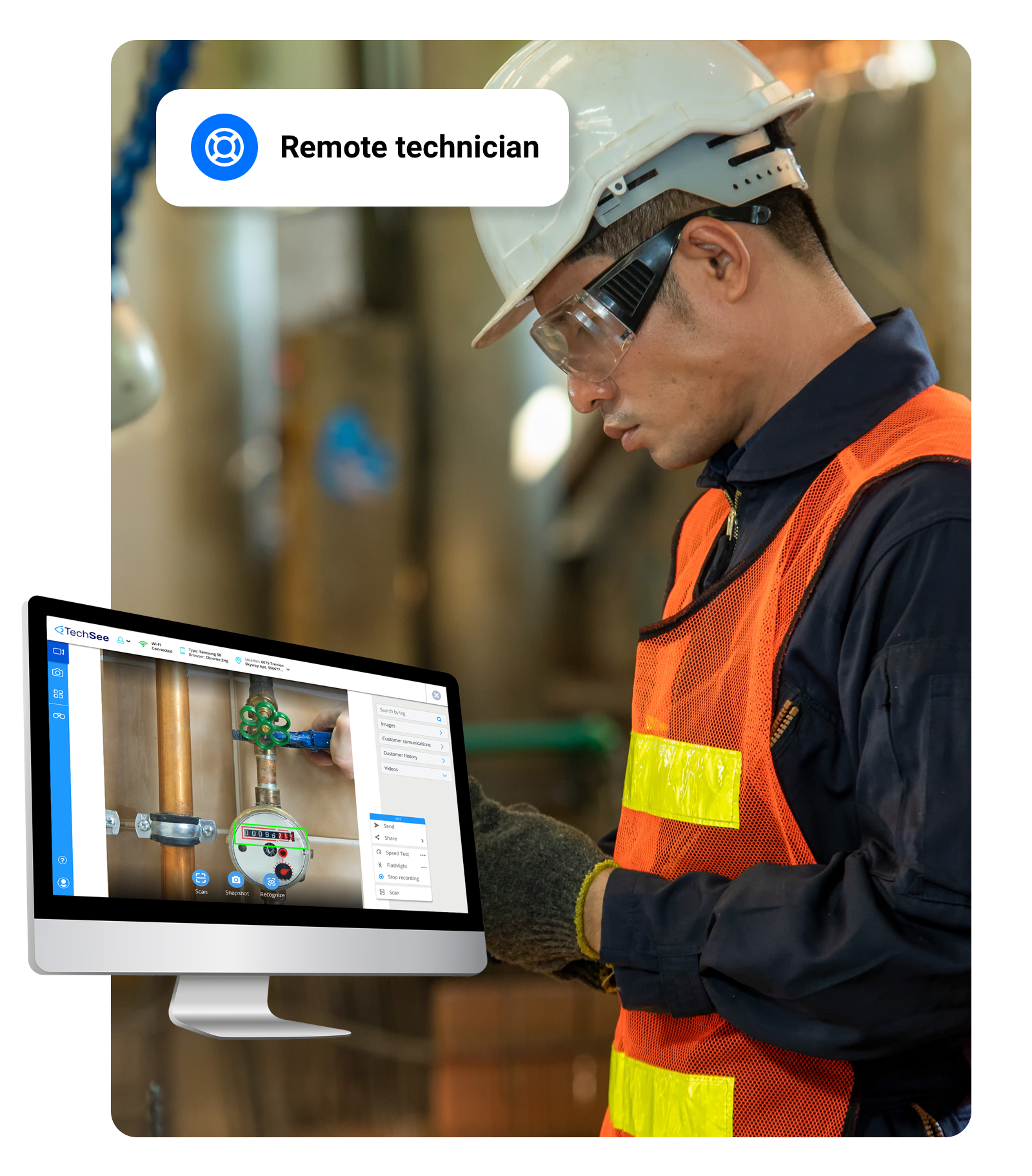 A field services remote technician using the TechSee app for remote visual assistance