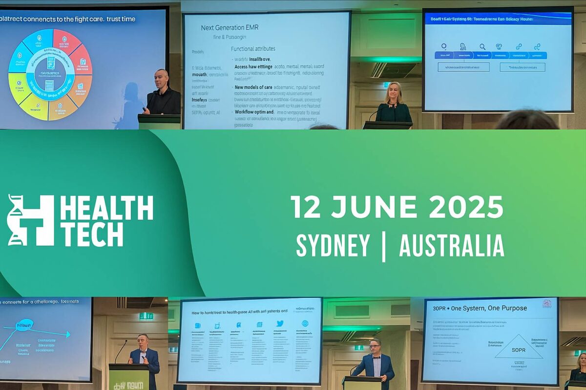 Collage from HealthTech 2025 in Sydney, featuring keynote speakers, AI innovation presentations, and the official event branding.