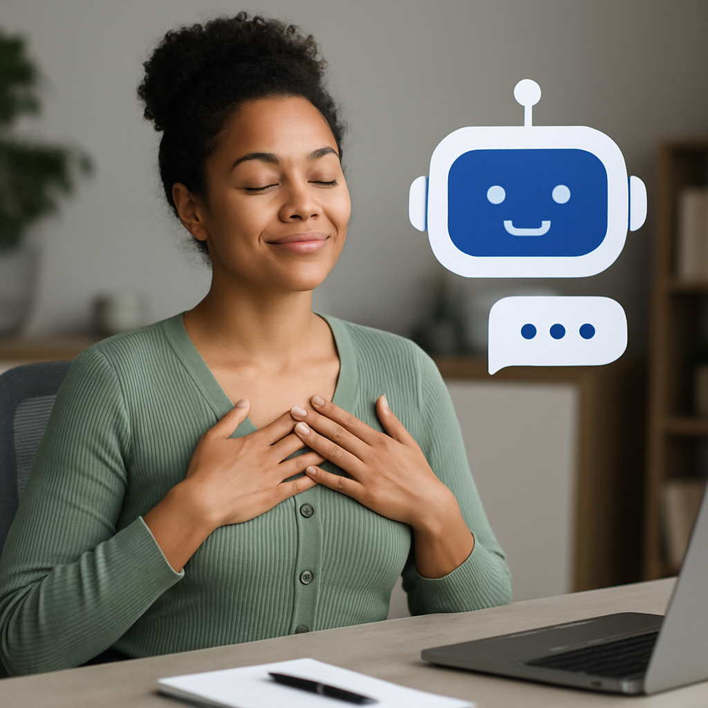 Professional woman sitting at a desk with eyes closed and hands over heart, expressing calm and trust beside a floating AI chatbot icon.