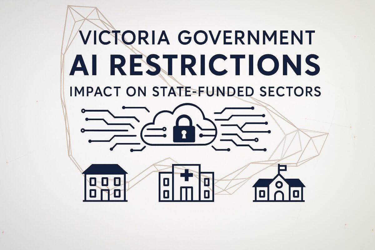 Map of Victoria overlaid with digital AI elements and icons for housing, healthcare, and education, representing government restrictions on AI use.