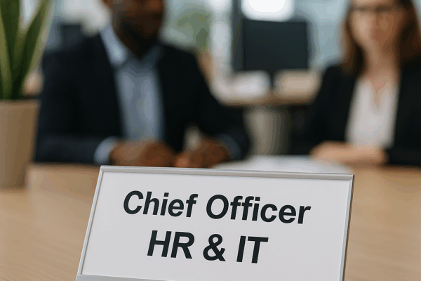 Close-up of a desk nameplate reading "Chief Officer HR & IT in a modern open office, symbolising the covergence