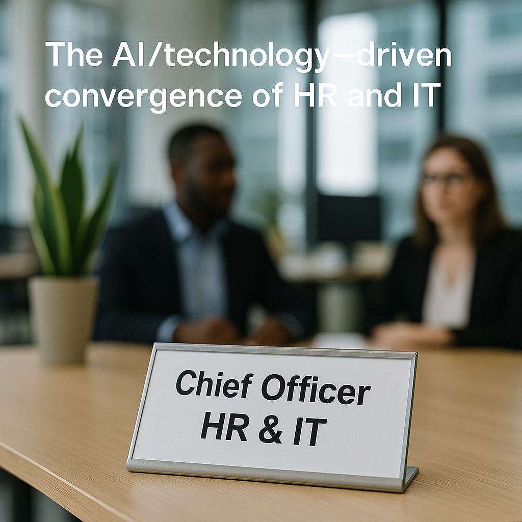 Close-up of a desk nameplate reading “Chief Officer HR & IT” in a modern open office, symbolising the convergence of HR and IT through AI and technology.