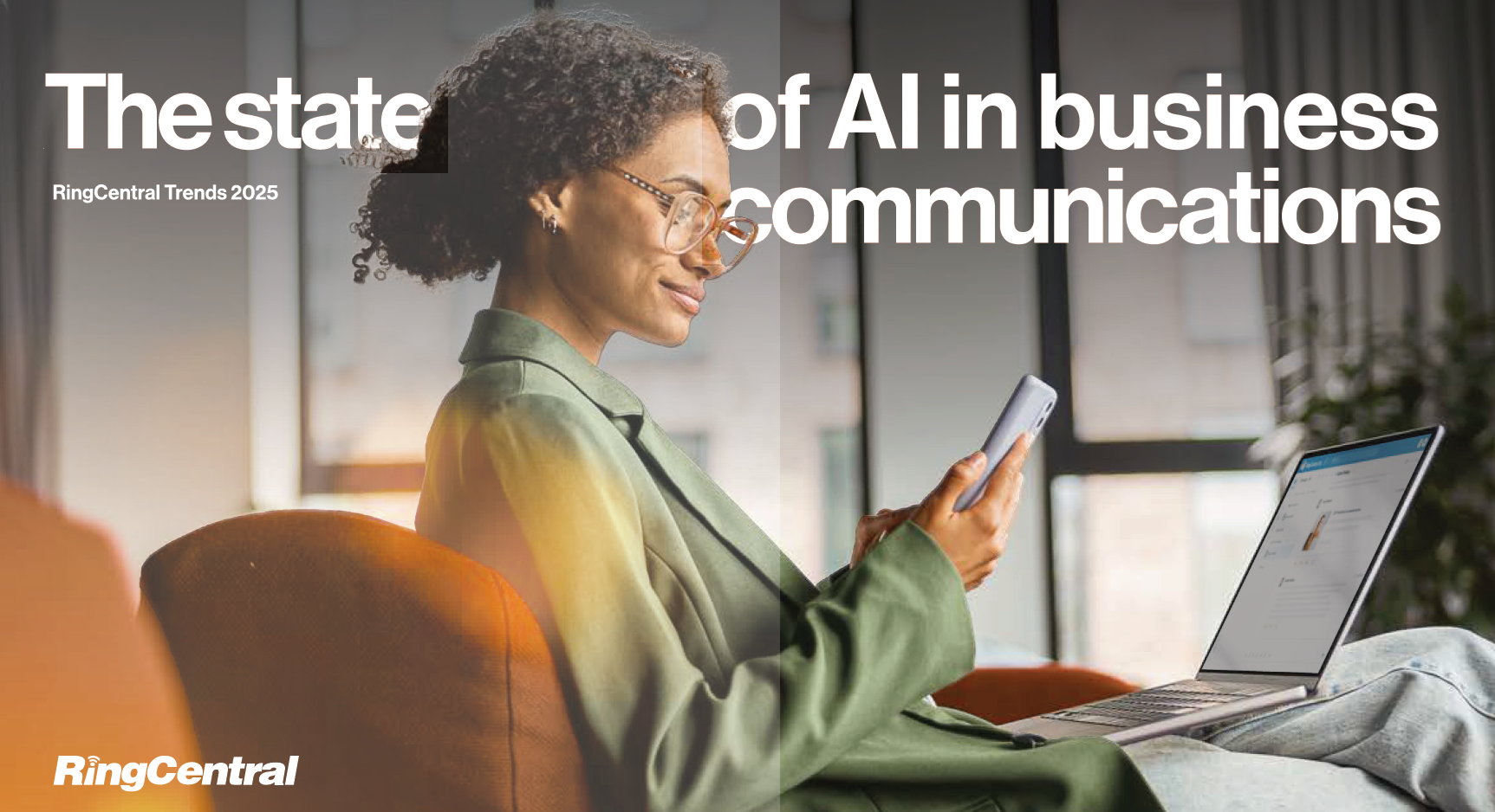 Cover image of the 2025 RingCentral report titled "The State of AI in Business Communications", showing a professional holding a smartphone.