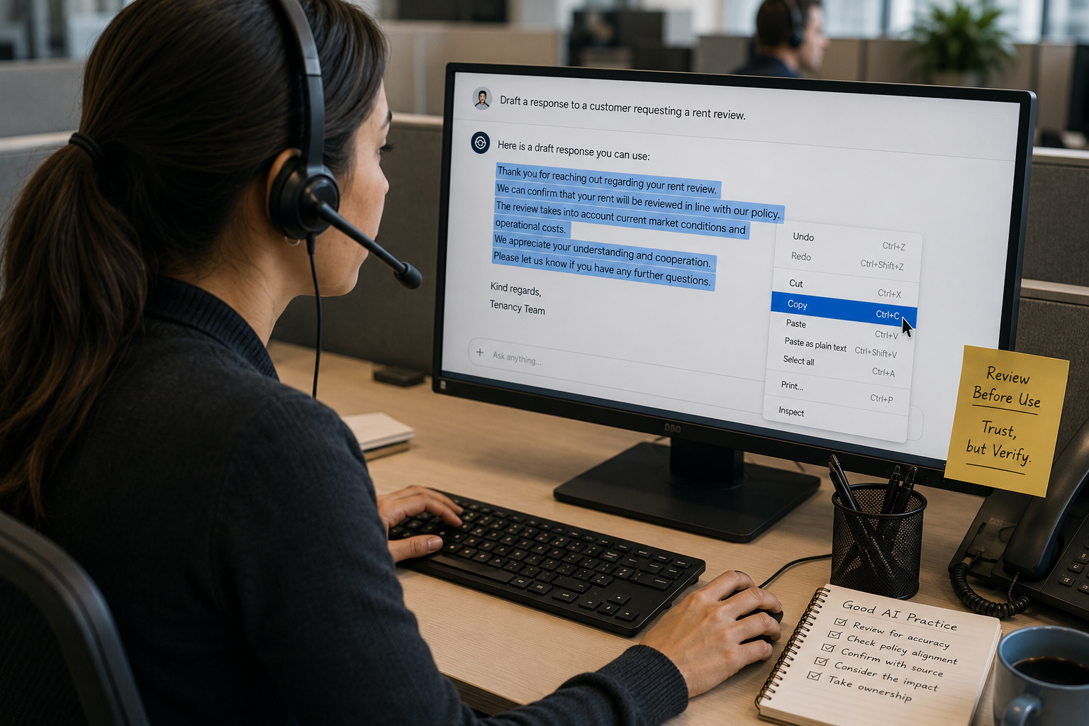 Alt Text Call centre employee reviewing AI-generated content before copying it into a customer-facing workflow, demonstrating Human-in-the-Loop AI governance and accountability.