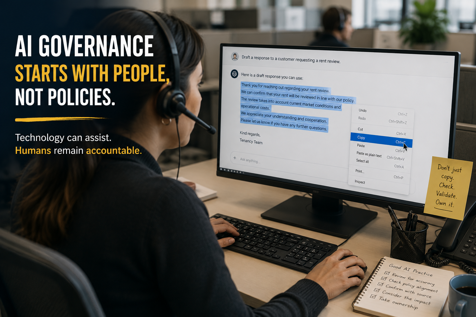 Alt Text Call centre employee reviewing AI-generated content before copying it into a customer-facing workflow, demonstrating Human-in-the-Loop AI governance and accountability.