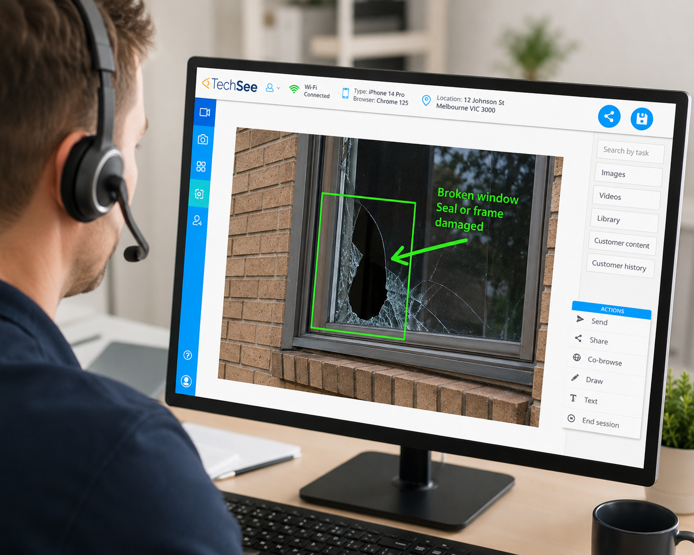 Remote visual guidance being used to assess a broken window