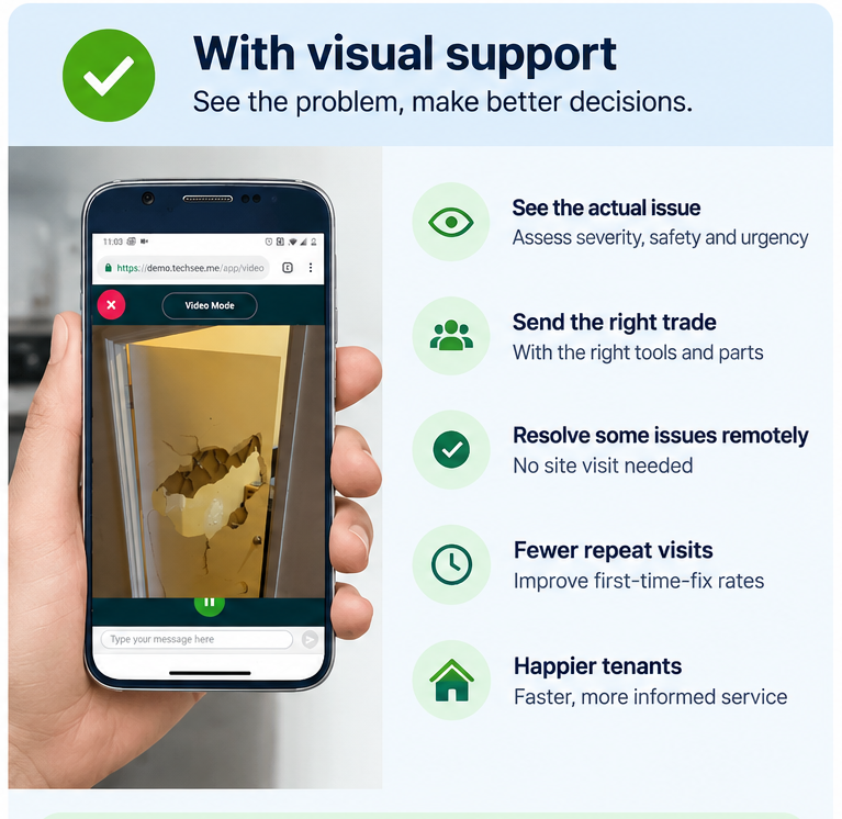 Remote visual support showing a damaged door during a property maintenance assessment