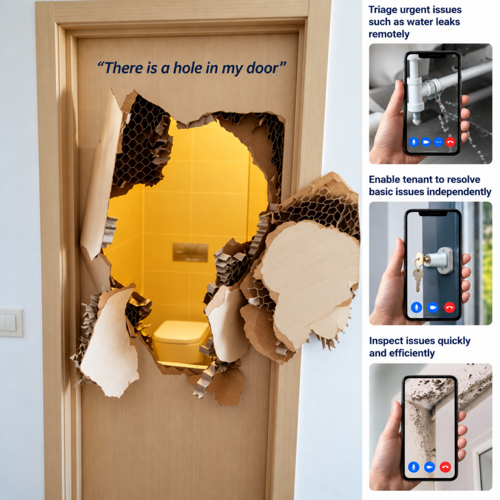 Damaged door showing how visual assistance helps assess maintenance issues remotely