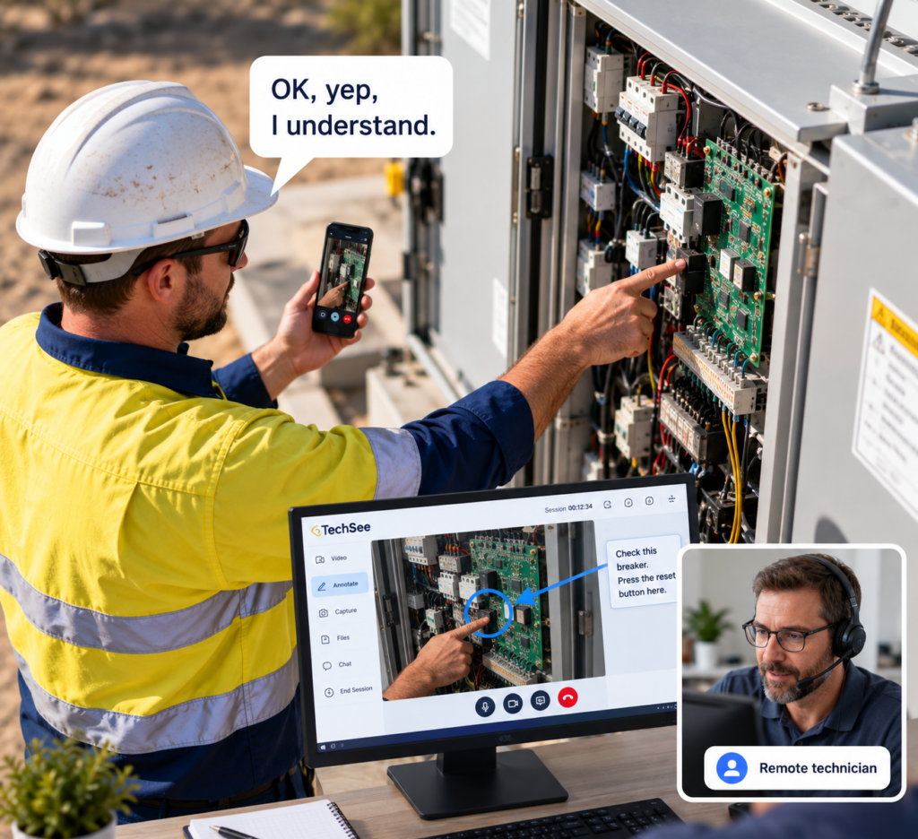 Field technician receiving remote visual guidance while inspecting an electrical control panel.