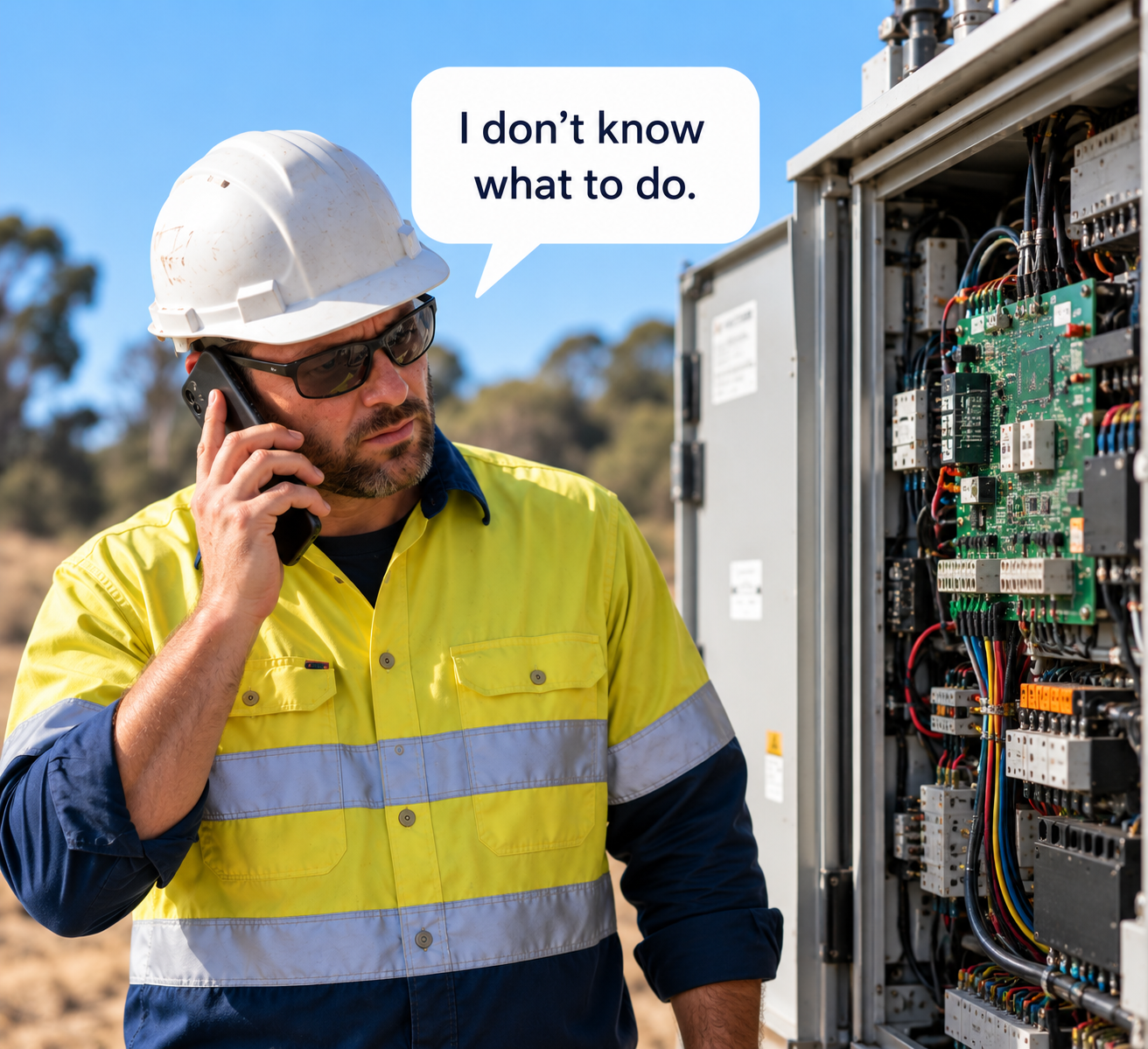 techsee-remote-visual-support-field-technician-guided-repair Field technician using a phone to seek remote support while inspecting an electrical control panel.