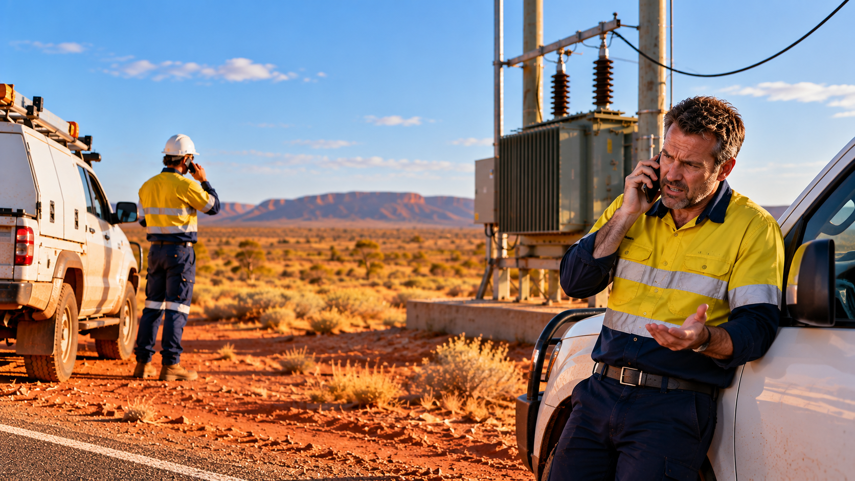 Field technician and supervisor troubleshooting a remote site issue by phone in Australia